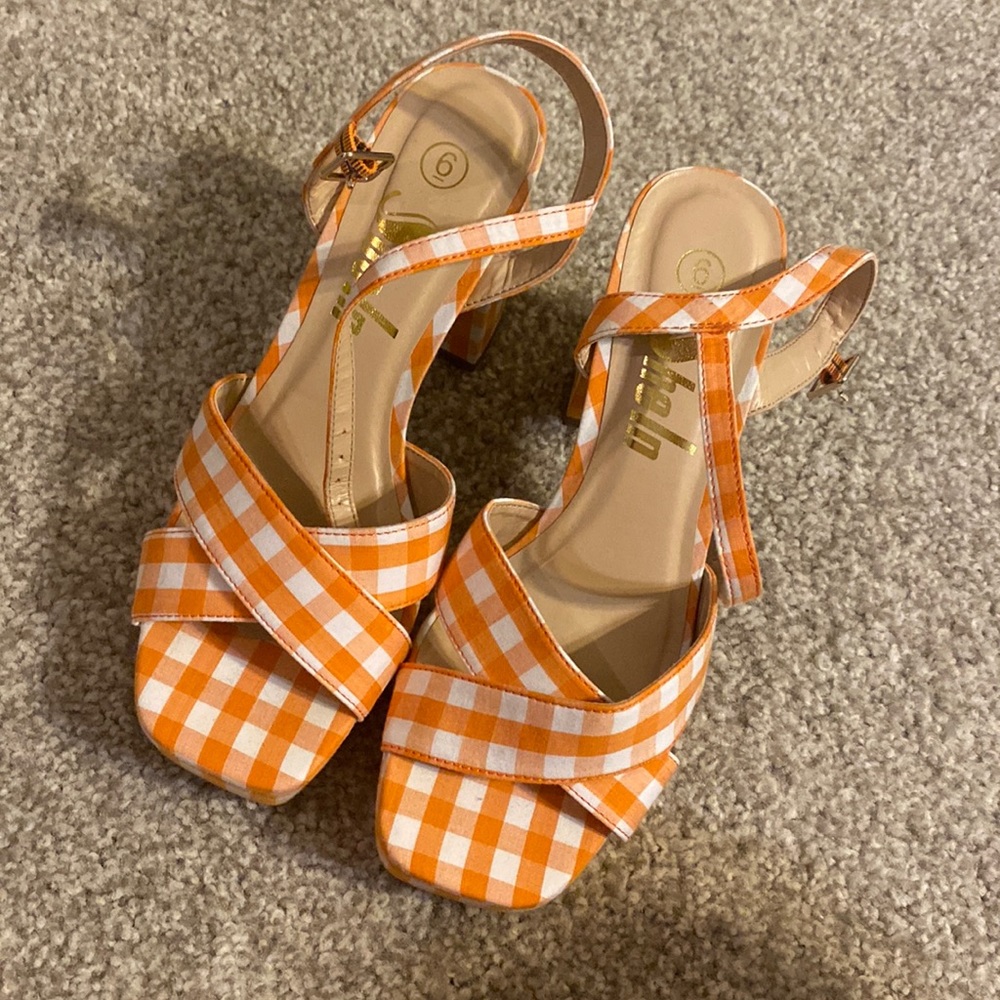 Gingham Fabric, orange and white cloth, platform heels